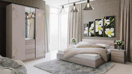 Спальный Гарнитур Мадлен №2 Ясень Шимо/Бежевый Глянец с Рисунком